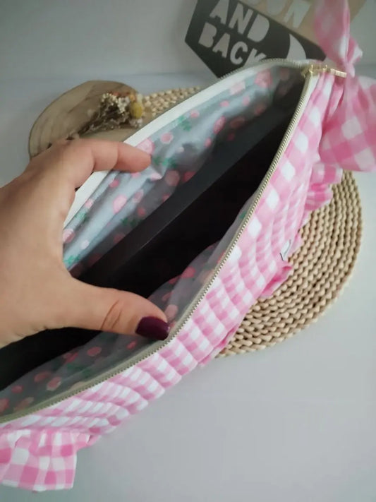 bolsa para portátil em vichy rosa feito à mão acolchoada feito à mão