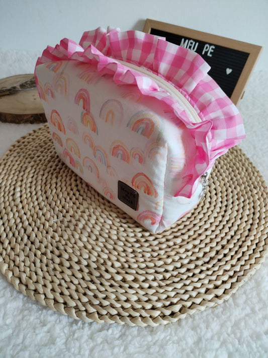 Necessaire Box - Musselina Arco Íris e Vichy Rosa