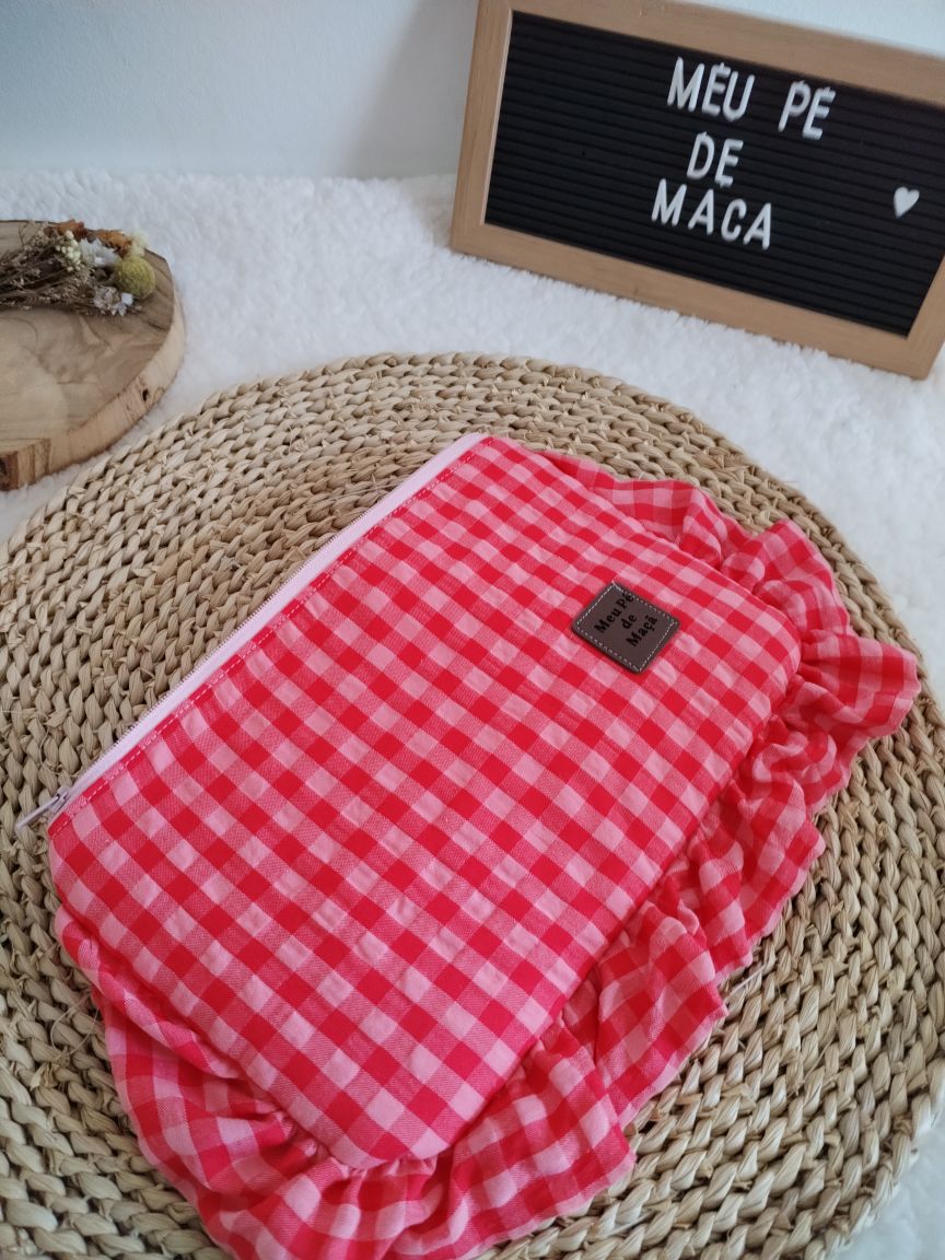 Necessaire Achatado - Vichy Rosa e Vermelho