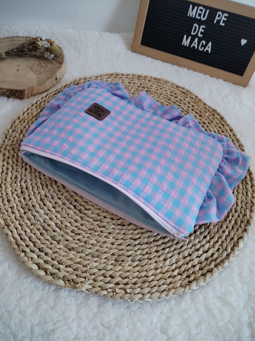 Necessaire Achatado - Vichy Azul e Rosa claro