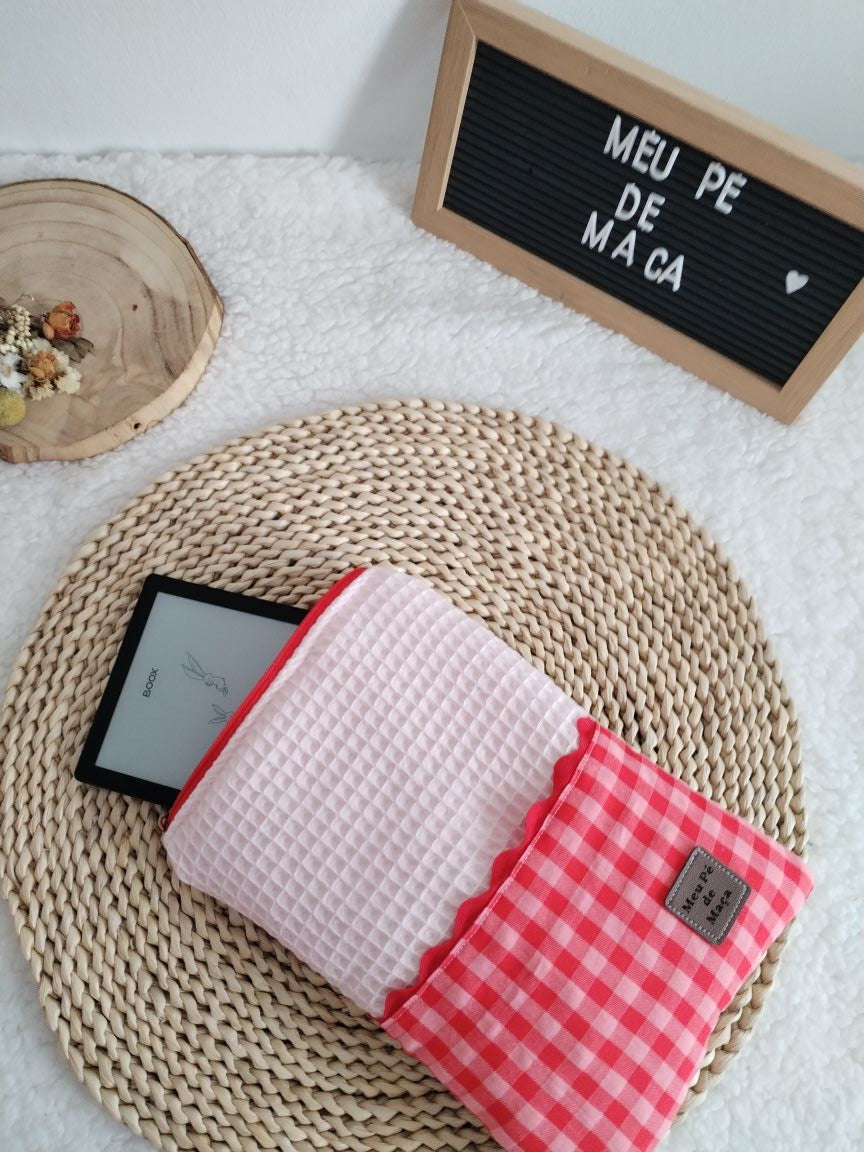 Bolsa para livro eletrónico - compatível com Kobo e Kindle - Vichy Rosa e Vermelho