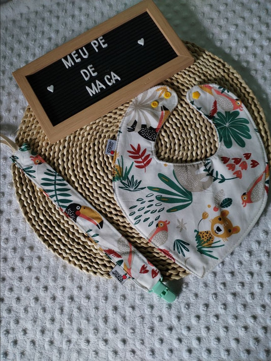 Conjunto Babete Bandana e Fita da Chupeta – Algodão Oeko-Tex®, Feito em Portugal - Animais da Selva - Meu Pé de Maçã