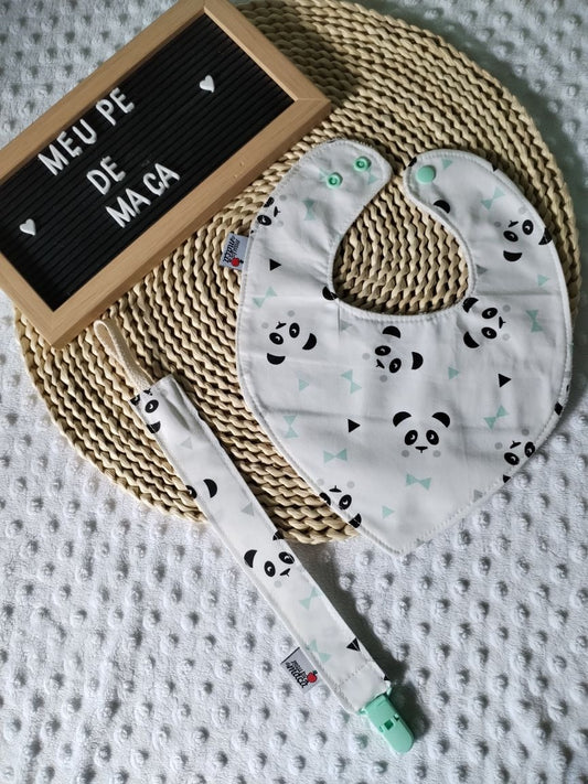 Conjunto Babete Bandana e Fita da Chupeta – Algodão Oeko-Tex®, Feito em Portugal - Pandas - Meu Pé de Maçã