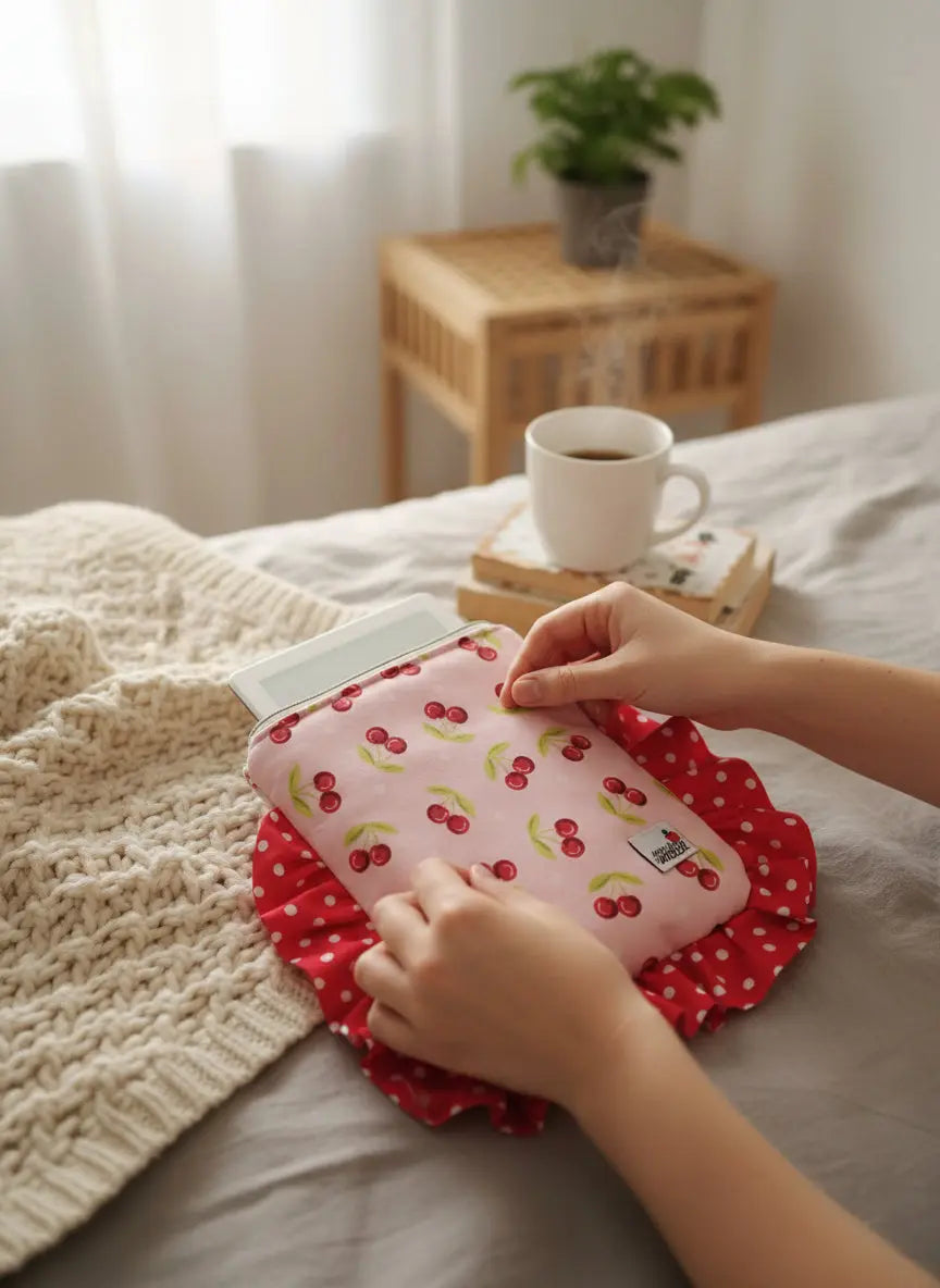 Bolsa Acolchoada para E-Reader – Compatível com Kindle e Kobo (13×18 cm) - Cerejas Fundo Rosa - Meu Pé de Maçã