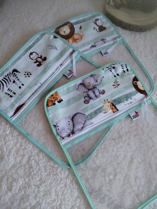 Conjunto 3 saquinhos transparentes - Animais fundo verde - Meu Pé de Maçã