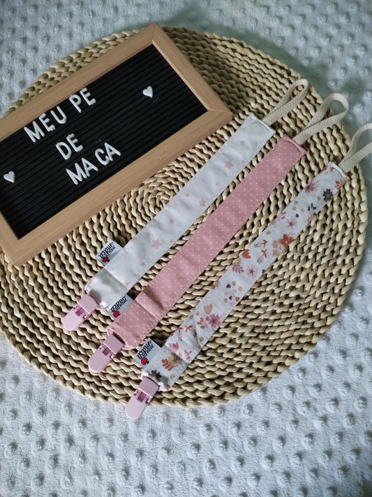 Conjunto 3 Fitas Prende Chupeta - Rosa Floral - Meu Pé de Maçã