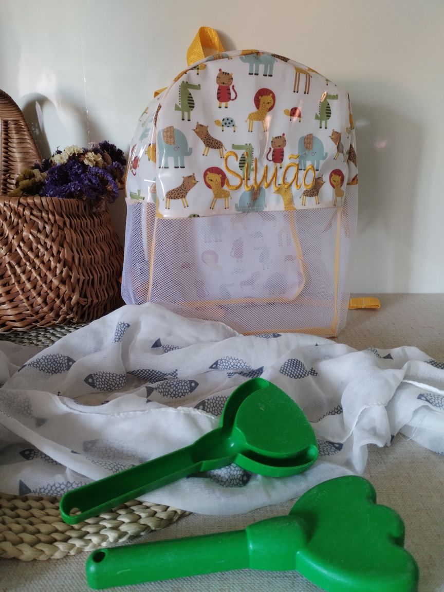Mochila praia rede animais da selva personalizada criança