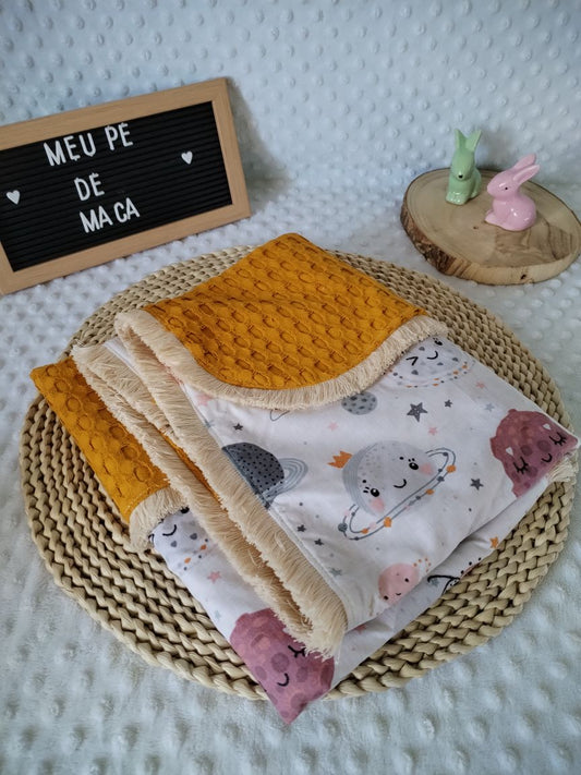 Mantinha de algodão com tecido waffle - Planetas - Meu Pé de Maçã 