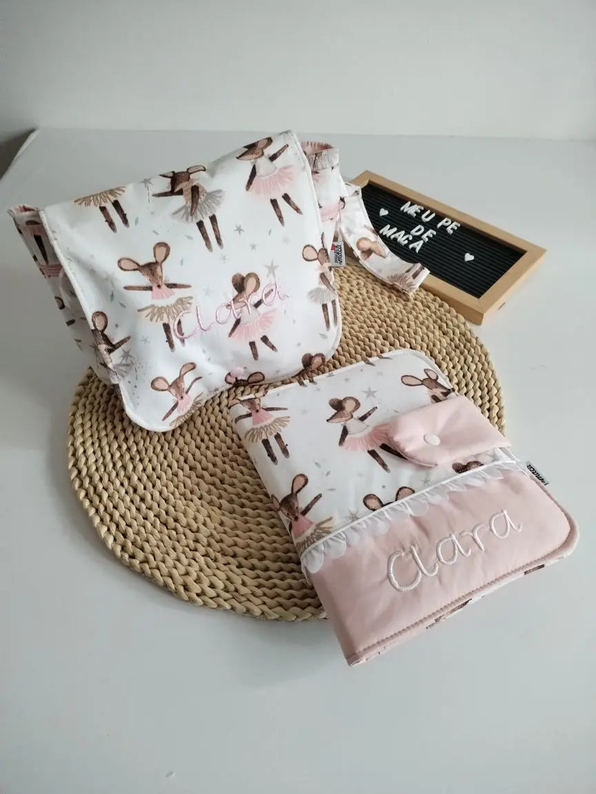 Conjunto Personalizado - Bolsa Fraldas e Toalhitas, Porta Documentos e Muda Fraldas Meu Pé de Maçã