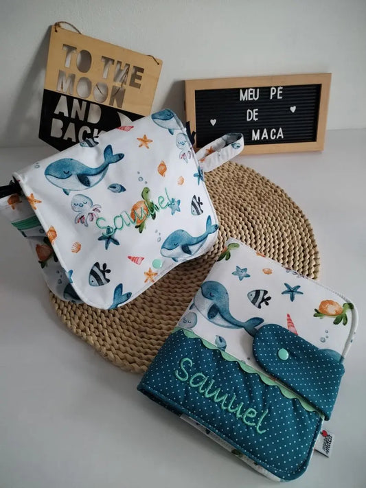 Conjunto Personalizado - Bolsa Fraldas e Toalhitas, Porta Documentos e Muda Fraldas Meu Pé de Maçã