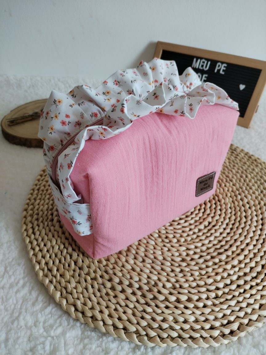 Necessaire Box com folho - Musselina Rosa e Floral