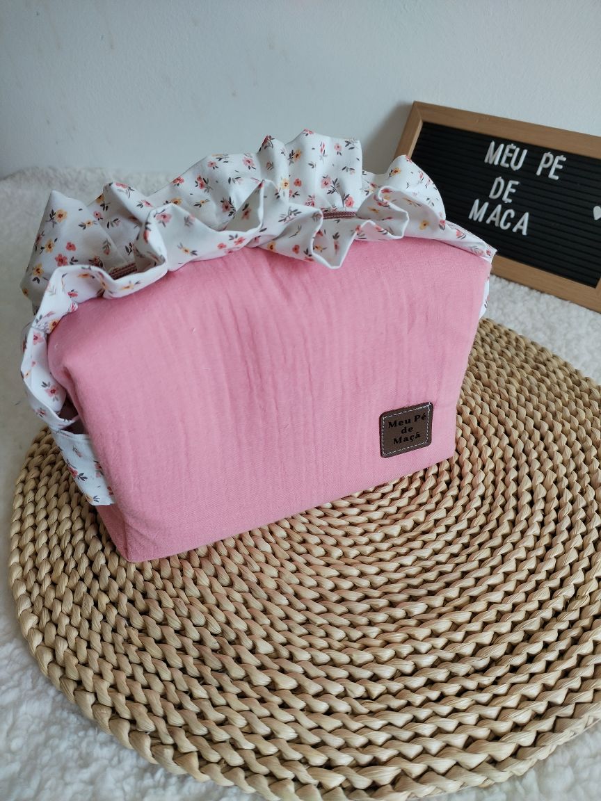 Necessaire Box com folho - Musselina Rosa e Floral