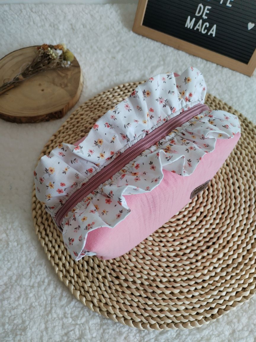 Necessaire Box com folho - Musselina Rosa e Floral