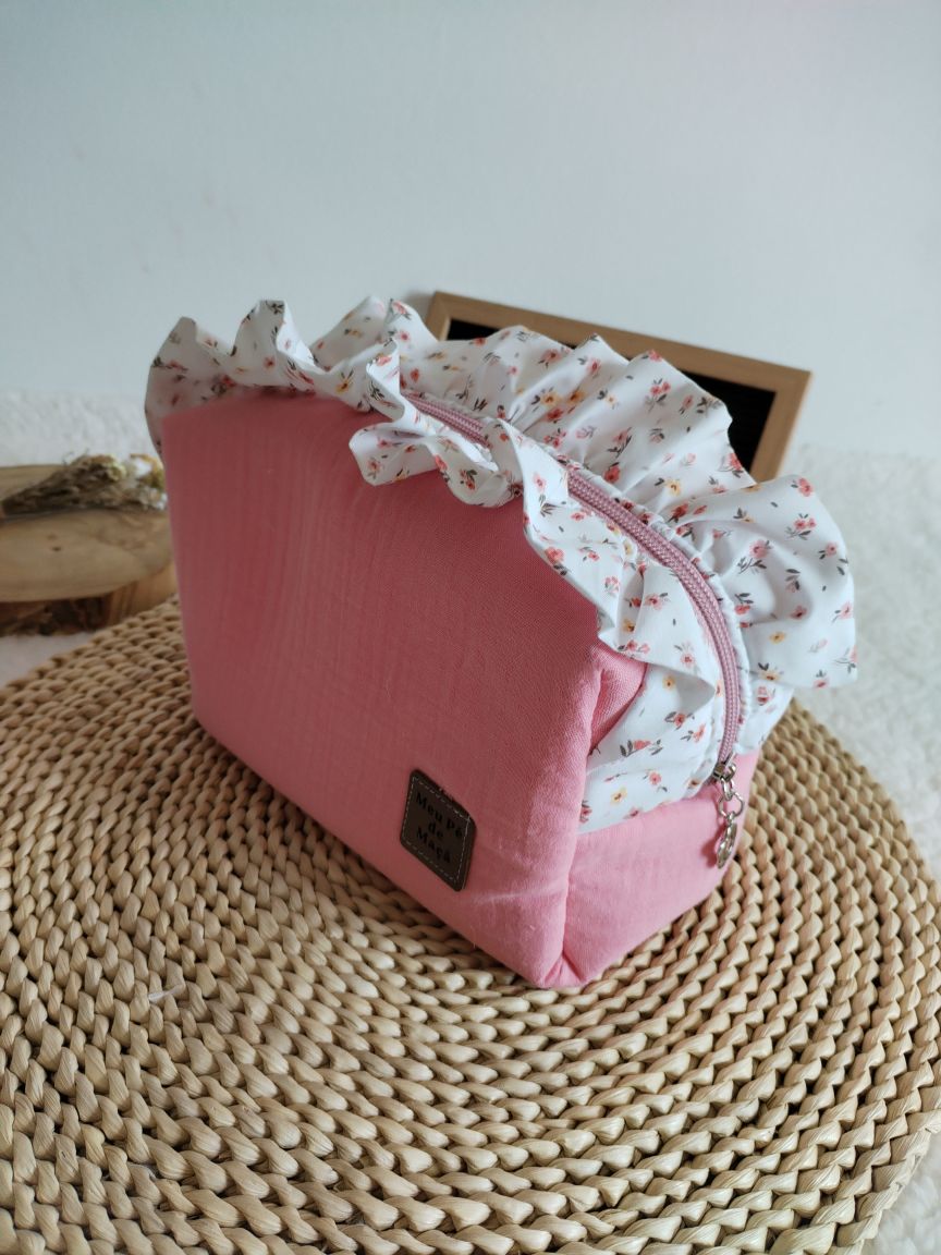 Necessaire Box com folho - Musselina Rosa e Floral