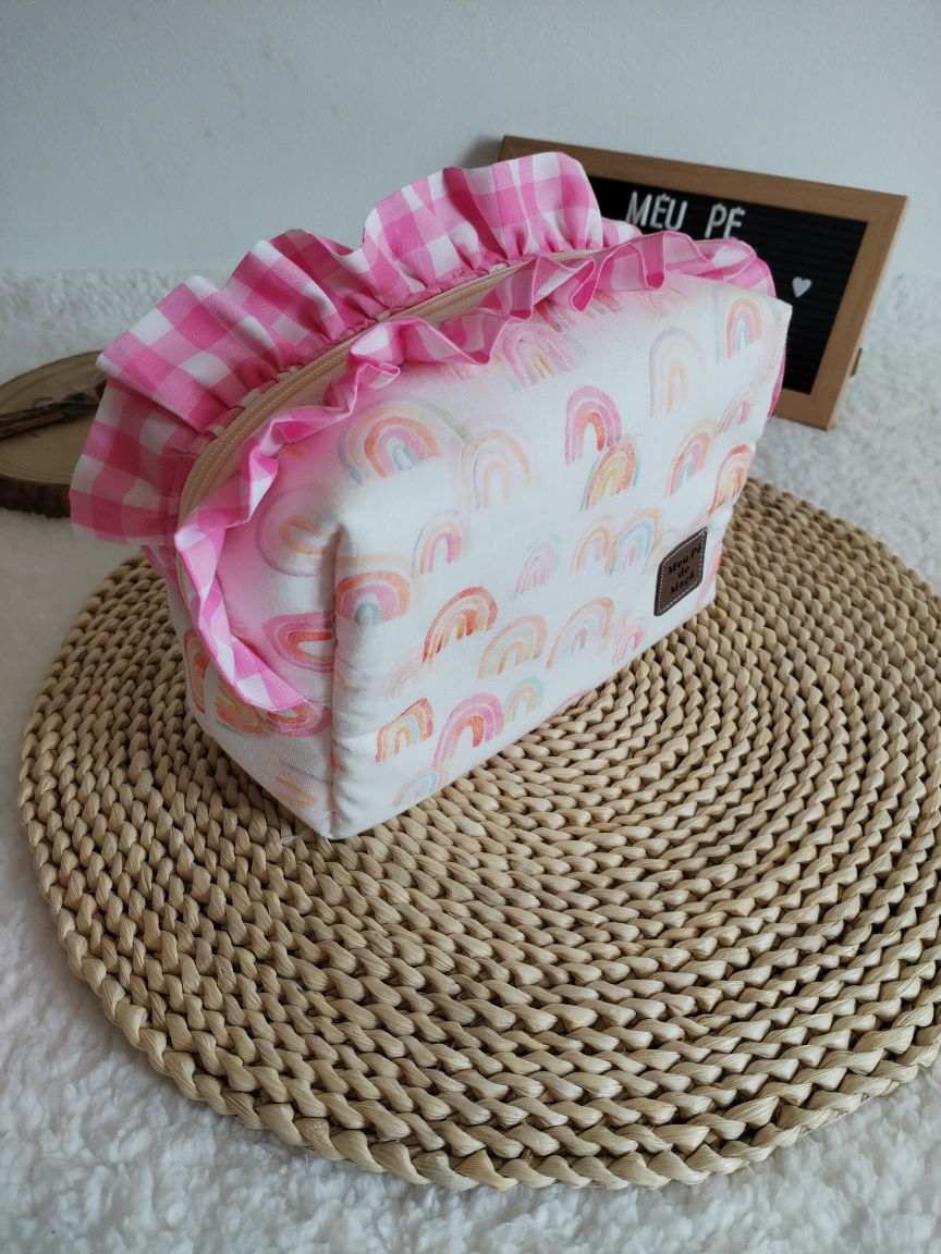 Necessaire Box - Musselina Arco Íris e Vichy Rosa