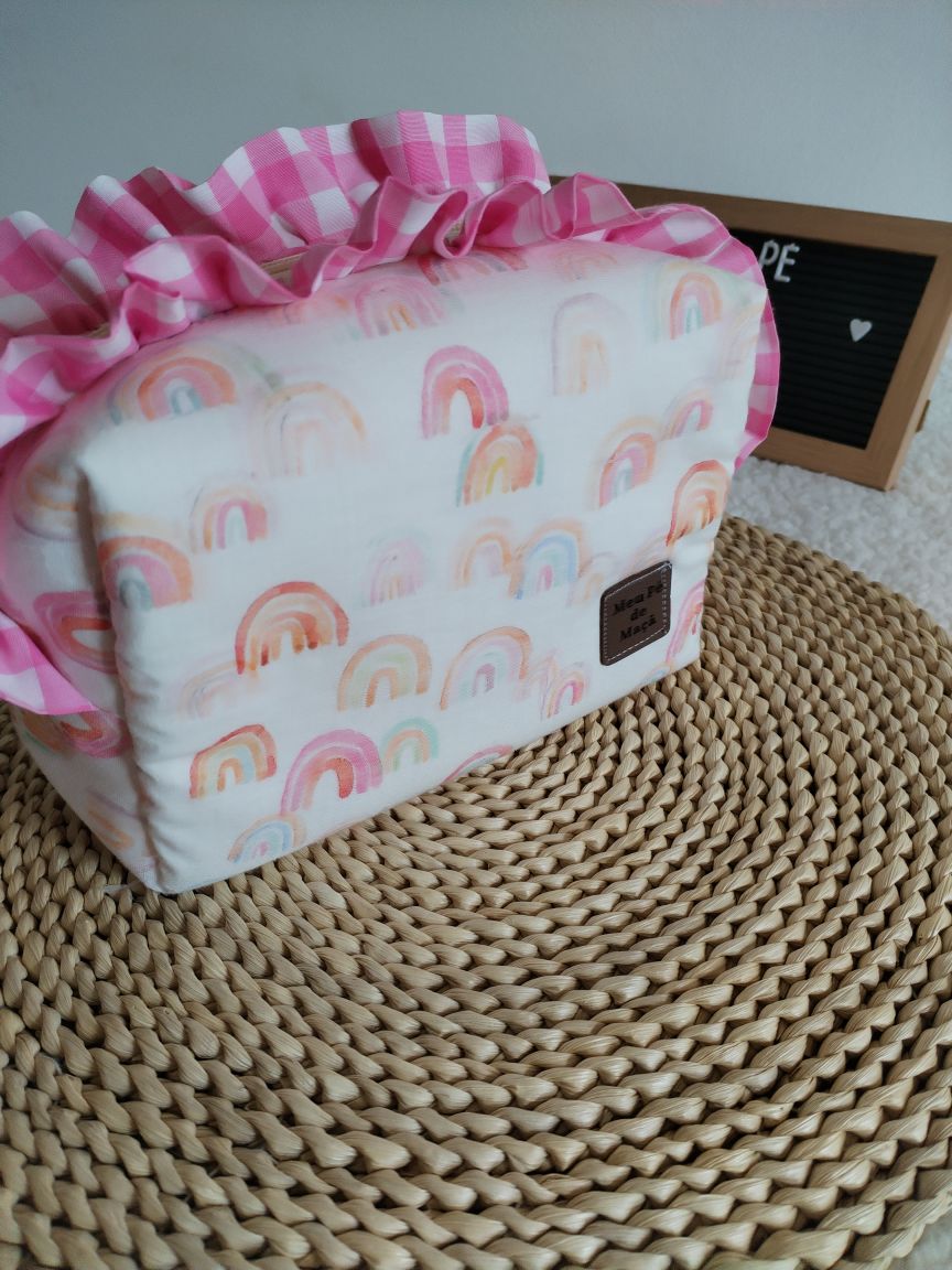 Necessaire Box - Musselina Arco Íris e Vichy Rosa