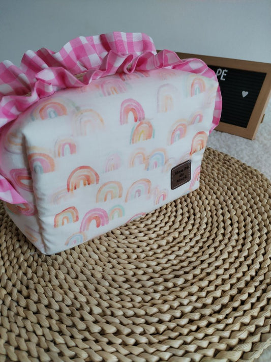 Necessaire Box - Musselina Arco Íris e Vichy Rosa