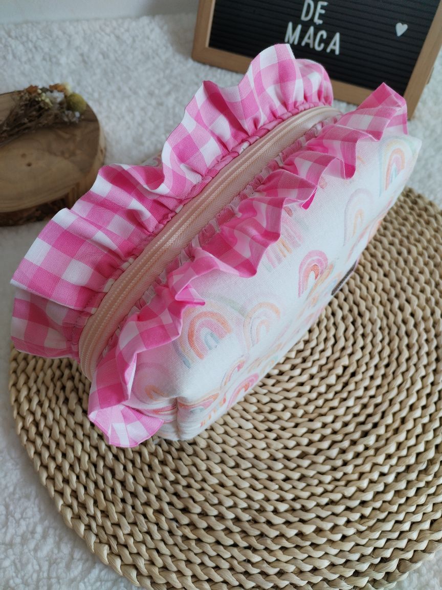 Necessaire Box - Musselina Arco Íris e Vichy Rosa