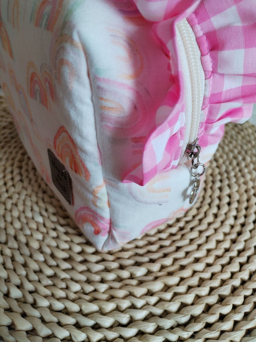 Necessaire Box - Musselina Arco Íris e Vichy Rosa