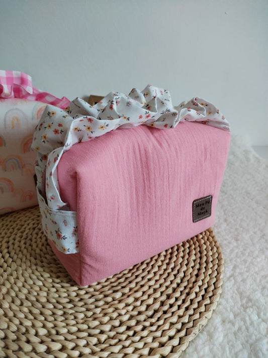 Necessaire Box com folho - Musselina Rosa e Floral
