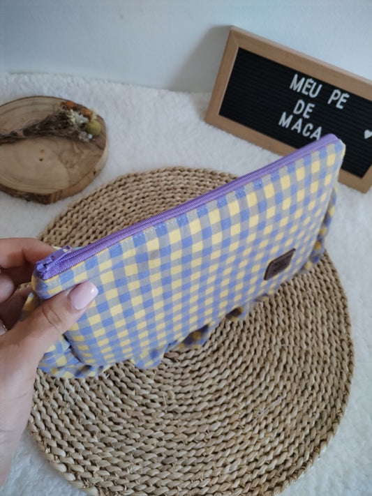 Necessaire Achatado - Vichy Amarelo Pastel e Lilás