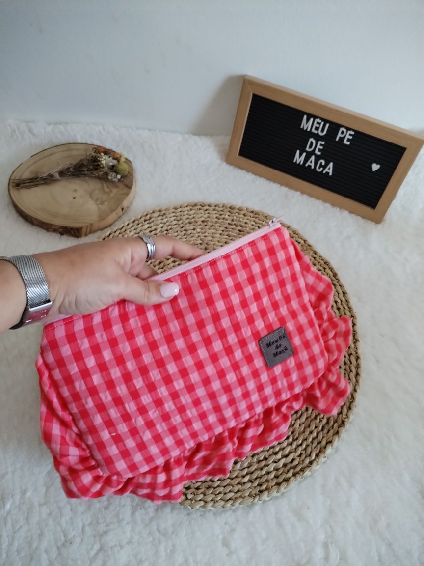 Necessaire Achatado - Vichy Rosa e Vermelho