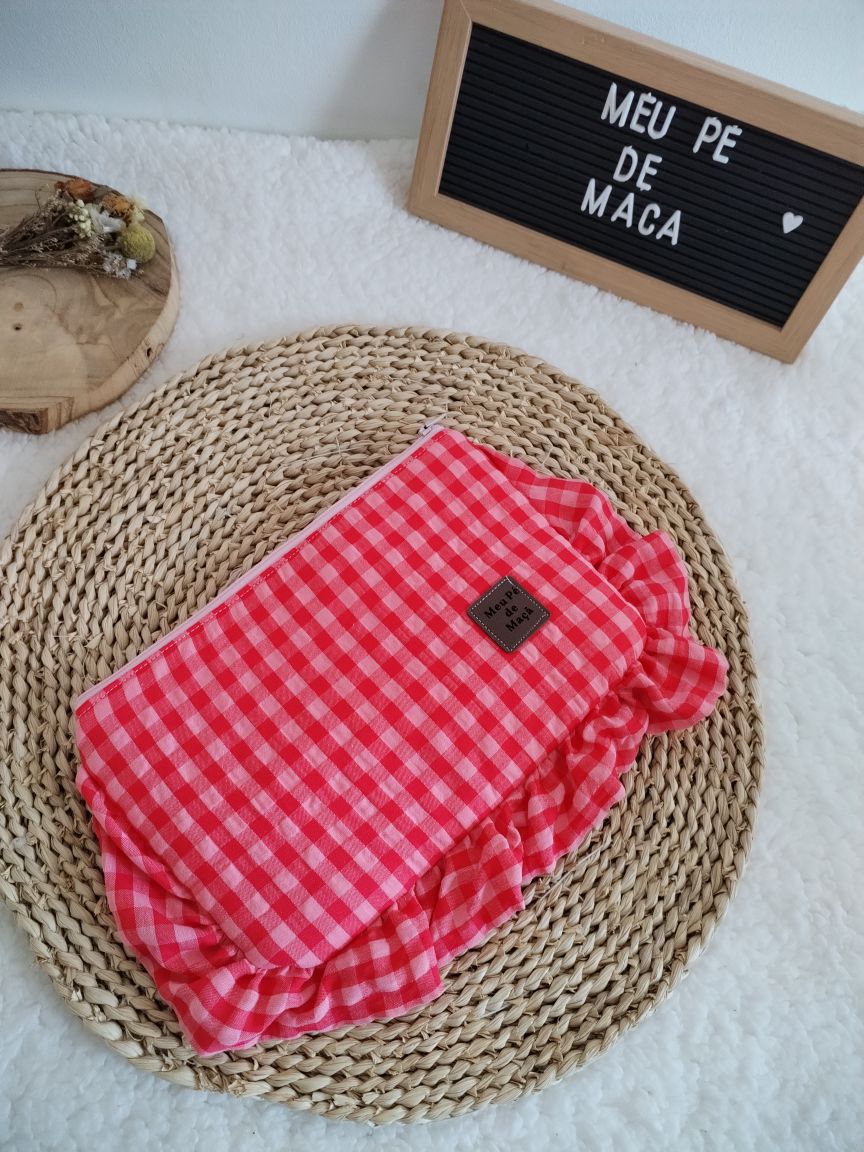 Necessaire Achatado - Vichy Rosa e Vermelho