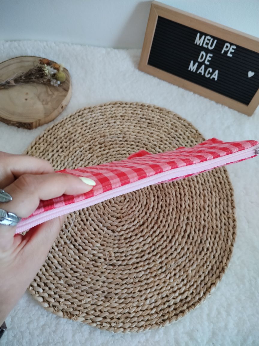 Necessaire Achatado - Vichy Rosa e Vermelho