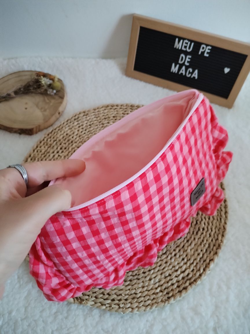 Necessaire Achatado - Vichy Rosa e Vermelho