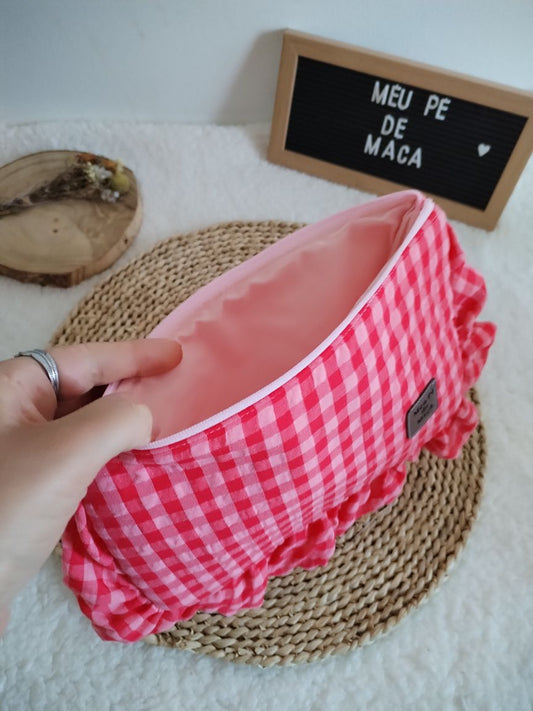 Necessaire Achatado - Vichy Rosa e Vermelho