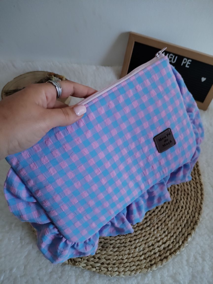 Necessaire Achatado - Vichy Azul e Rosa claro