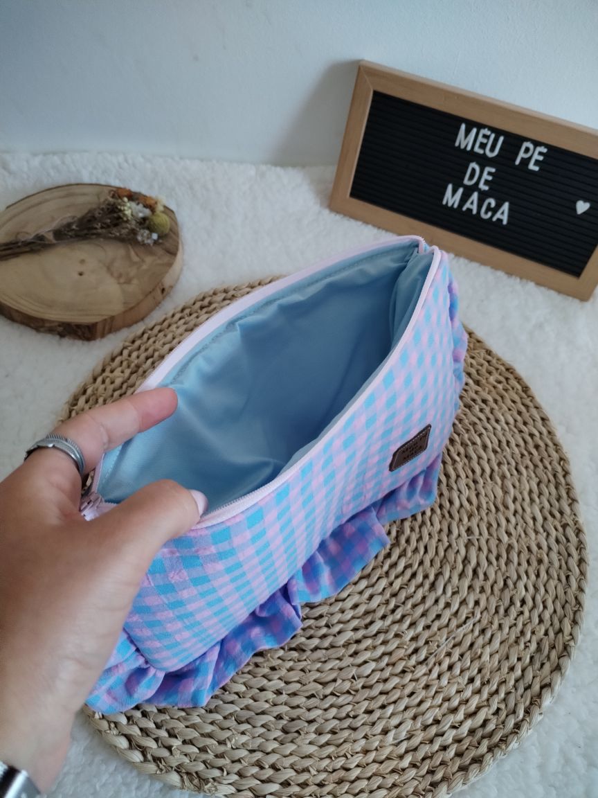Necessaire Achatado - Vichy Azul e Rosa claro