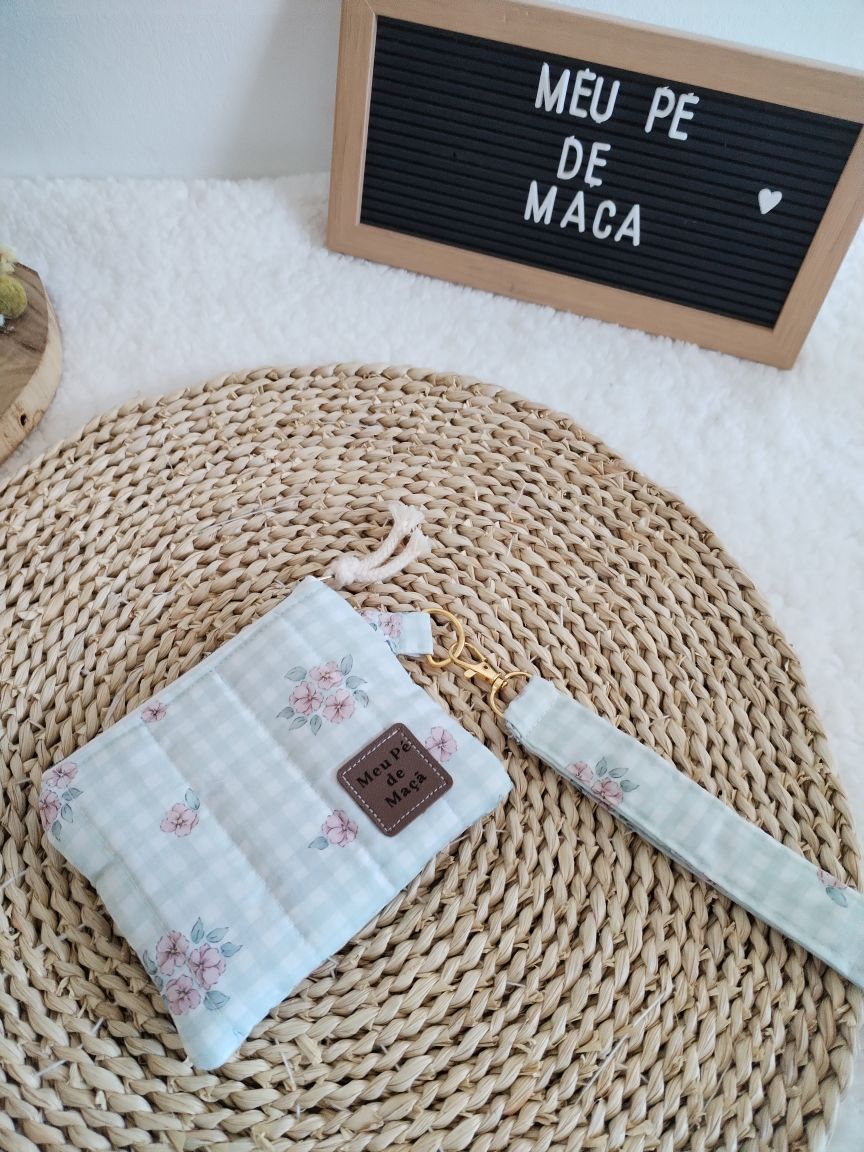 Carteirinha de Moedas e Cartões com Pega Removível – Vichy Verde Agua Floral