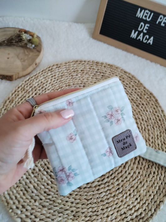 Carteirinha de Moedas e Cartões com Pega Removível – Vichy Verde Agua Floral