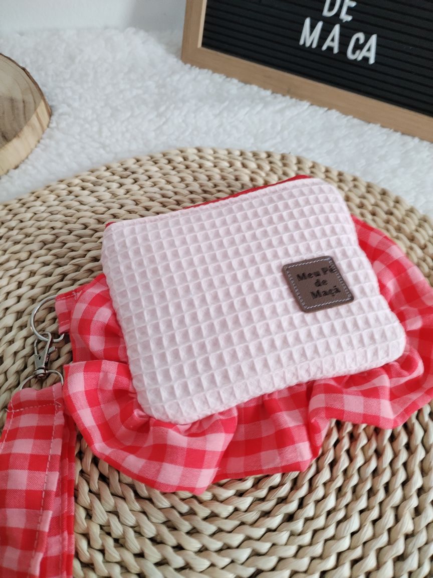Carteirinha de Moedas e Cartões com Pega Removível – Vichy Rosa e Vermelho