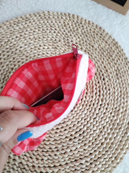 Carteirinha de Moedas e Cartões com Pega Removível – Vichy Rosa e Vermelho