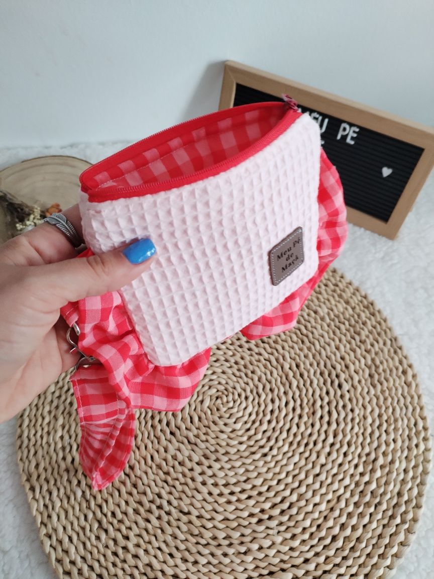 Carteirinha de Moedas e Cartões com Pega Removível – Vichy Rosa e Vermelho