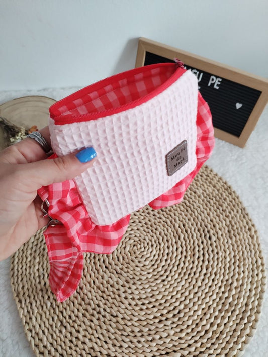 Carteirinha de Moedas e Cartões com Pega Removível – Vichy Rosa e Vermelho