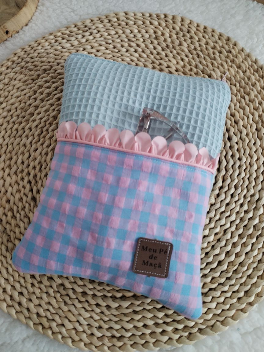 Bolsa para livro eletrónico - compatível com kindle e kobo - Vichy Rosa e Azul
