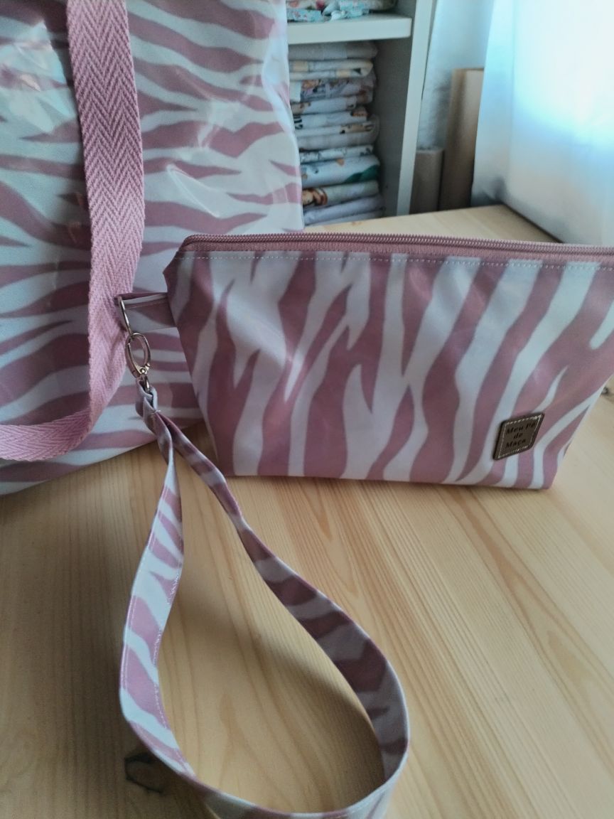 Conjunto Mala de Praia + Necessaire Rosa e branco| Edição Limitada
