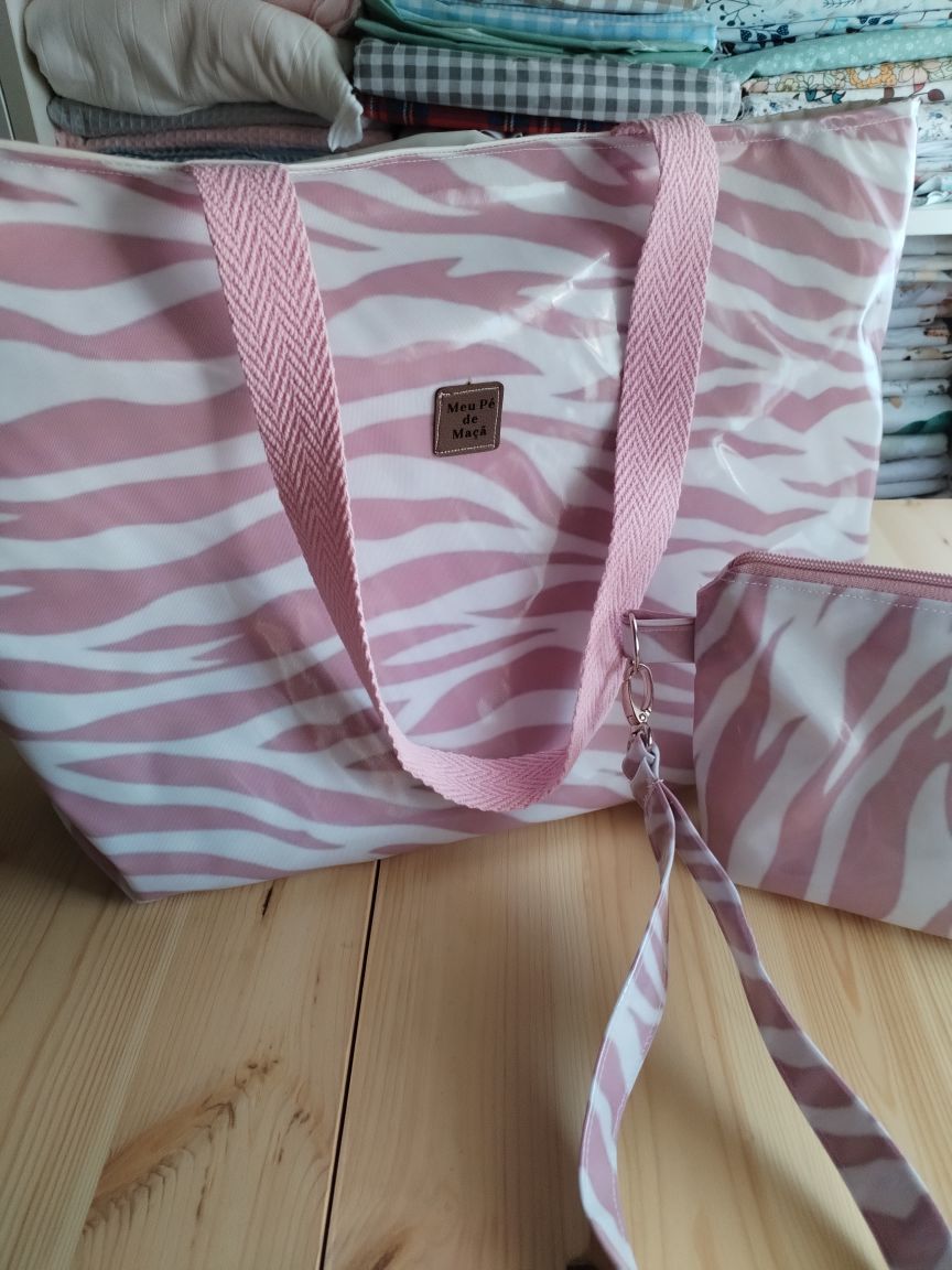 Conjunto Mala de Praia + Necessaire Rosa e branco| Edição Limitada