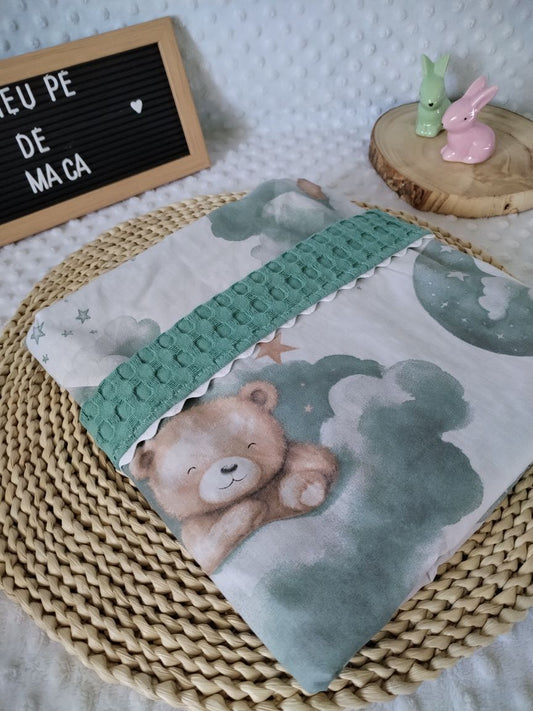 Mantinha de algodão com tecido waffle - Animais Dorminhocos Verde - Meu Pé de Maçã 