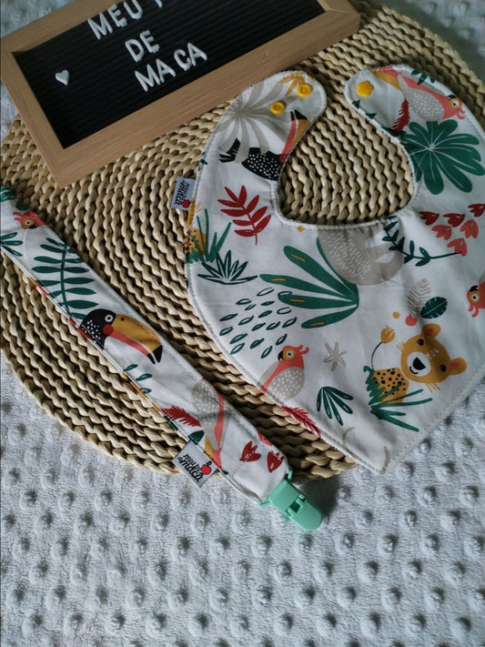 Conjunto Babete Bandana e Fita da Chupeta – Algodão Oeko-Tex®, Feito em Portugal - Animais da Selva - Meu Pé de Maçã 