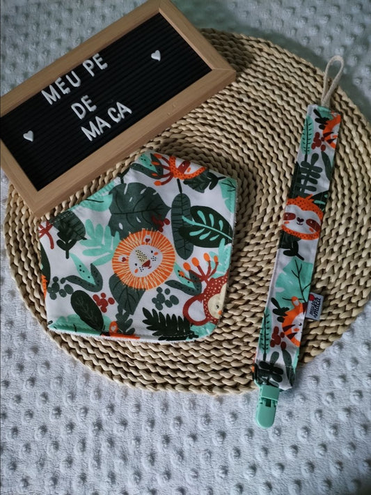 Conjunto Babete Bandana e Fita da Chupeta – Algodão Oeko-Tex®, Feito em Portugal - Animais da Selva Fofinhos - Meu Pé de Maçã 