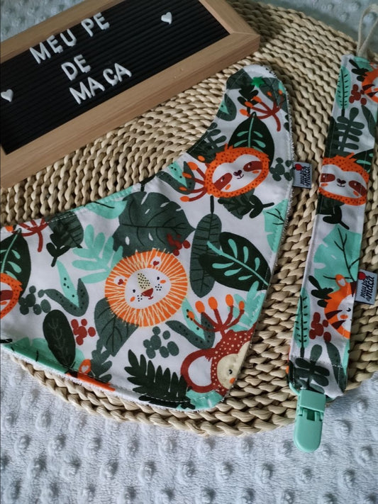 Conjunto Babete Bandana e Fita da Chupeta – Algodão Oeko-Tex®, Feito em Portugal - Animais da Selva Fofinhos - Meu Pé de Maçã 