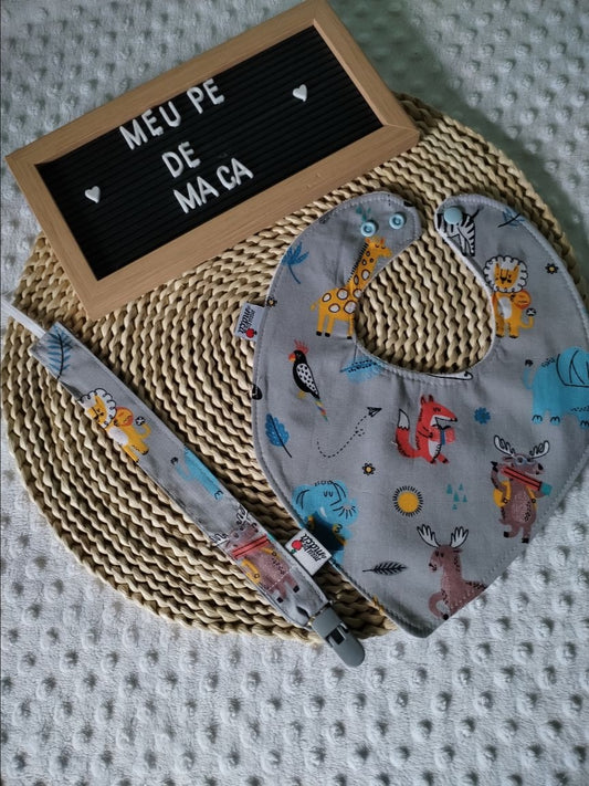 Conjunto Babete Bandana e Fita da Chupeta – Algodão Oeko-Tex®, Feito em Portugal - Animais da Savana - Meu Pé de Maçã 