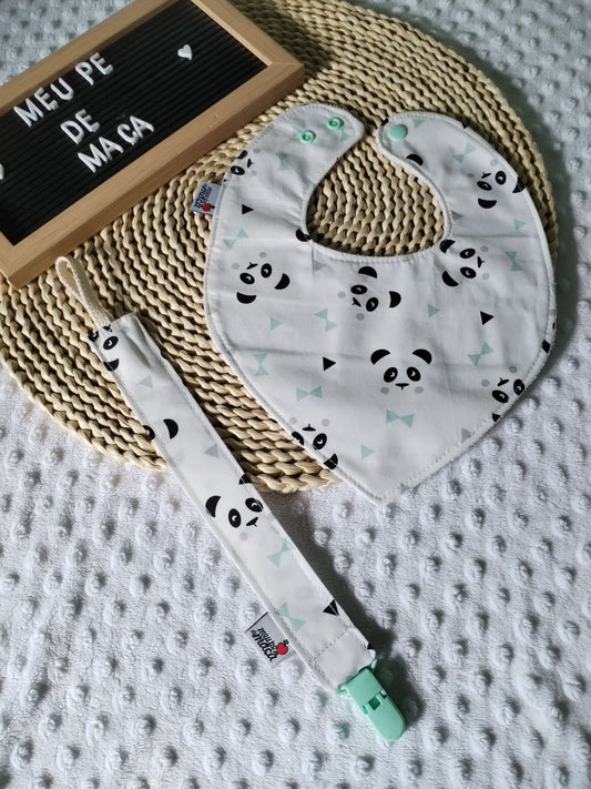 Conjunto Babete Bandana e Fita da Chupeta – Algodão Oeko-Tex®, Feito em Portugal - Pandas - Meu Pé de Maçã 
