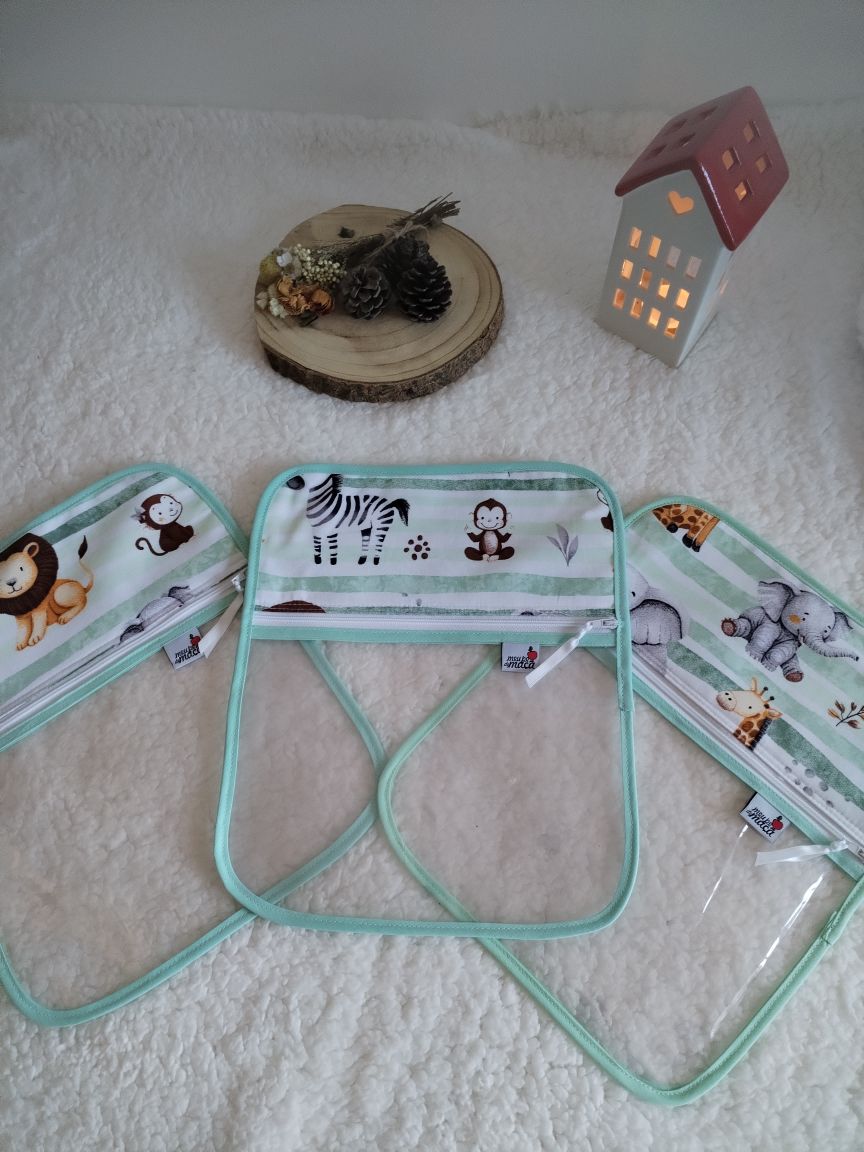 Conjunto 3 saquinhos transparentes - Animais fundo verde - Meu Pé de Maçã 