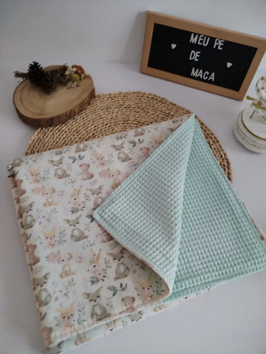 Mantinha Meia-Estação - Animais Floridos com waffle Verde Água Meu Pé de Maçã