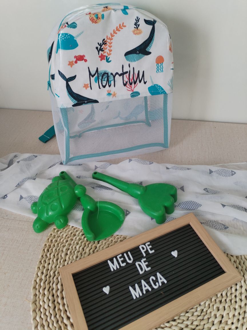 Mochila praia rede animais maritimos personalizada criança